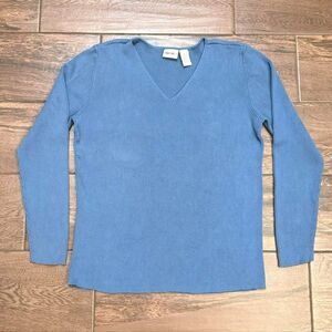 Vtg Cherokee Women's Dusty Blue V-Neck Sweater Fitted Ribbed 100% Cotton Size XL